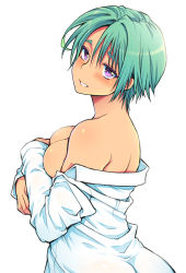 Rule 34 | 1girl, bare shoulders, barefoot, blush, breasts, eroe, green hair, medium breasts, naked shirt, parted lips, purple eyes, shirt, short hair, simple background, smile, solo, upper body, white background