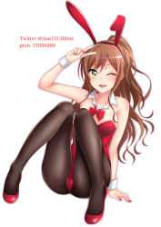 Rule 34 | 1girl, animal ears, bad id, bad pixiv id, bang dream!, black pantyhose, bow, bowtie, breasts, brown hair, commentary request, detached collar, fake animal ears, full body, green eyes, highres, imai lisa, leotard, long hair, looking at viewer, medium breasts, nail polish, one eye closed, pantyhose, playboy bunny, ponytail, rabbit ears, red bow, red bowtie, red leotard, simple background, solo, tina1213, white background, wrist cuffs