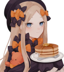 Rule 34 | 1girl, abigail williams (fate), absurdres, bad id, bad pixiv id, black bow, black dress, black hat, blonde hair, blue eyes, blush, bow, breasts, dress, fate/grand order, fate (series), food, forehead, hair bow, hat, highres, long hair, long sleeves, looking at viewer, multiple hair bows, orange bow, pancake, parted bangs, polka dot, polka dot bow, ribbed dress, sleeves past fingers, sleeves past wrists, small breasts, smile, solo, sumi (gfgf 045)