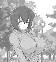 Rule 34 | 1girl, bag, between breasts, blurry, blurry background, blush, breasts, carrying, casual, closed mouth, commentary, day, depth of field, frown, girls und panzer, glaring, greyscale, half-closed eyes, henyaan (oreizm), kawashima momo, lamppost, large breasts, long sleeves, looking at viewer, monochrome, monocle, no bra, outdoors, ribbed shirt, satchel, semi-rimless eyewear, shirt, short hair, solo, standing, tree, turtleneck, under-rim eyewear