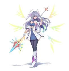 Rule 34 | 1girl, black pantyhose, blue dress, blue eyes, boots, breasts, cleavage, closed mouth, commentary request, detached sleeves, dress, feathered wings, full body, gloves, grey hair, hair between eyes, hand up, head wings, hehe jun, high heel boots, high heels, highres, holding, holding weapon, long hair, long sleeves, medium breasts, melia antiqua, pantyhose, shadow, simple background, smile, solo, standing, strapless, strapless dress, very long hair, weapon, white background, white footwear, white gloves, white sleeves, white wings, wide sleeves, wings, xenoblade chronicles (series), xenoblade chronicles 1, xenoblade chronicles 3