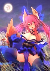 Rule 34 | 10s, 1girl, animal ear fluff, animal ears, bare shoulders, blue thighhighs, bow, breasts, cleavage, detached sleeves, fang, fate/extra, fate/extra ccc, fate/grand order, fate (series), fox ears, fox tail, full moon, hair bow, hair ribbon, highres, japanese clothes, large breasts, mirror, moon, night, open mouth, pink hair, ribbon, solo, suiten nikkou amaterasu yanoshisu ishi, tail, tamamo (fate), tamamo no mae (fate/extra), tears, thighhighs, twintails, wisespeak, yellow eyes