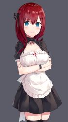 Rule 34 | 1girl, black ribbon, blue eyes, blush, breasts, closed mouth, cowboy shot, crossed arms, frilled sleeves, frills, grey background, hair ornament, hair ribbon, hairclip, highres, large breasts, light frown, long hair, looking at viewer, maid, original, puffy short sleeves, puffy sleeves, red hair, ribbon, shikuro (iorimiyakiyo), short sleeves, simple background, solo, standing, thighhighs, zettai ryouiki