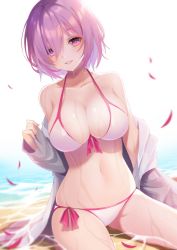 Rule 34 | 1girl, amahara pekozaemon, bare shoulders, beach, bikini, blush, breasts, cleavage, commentary request, fate/grand order, fate (series), grin, hair over one eye, jacket, large breasts, looking at viewer, mash kyrielight, mash kyrielight (swimsuit of perpetual summer), navel, off shoulder, official alternate costume, partially submerged, purple eyes, purple hair, short hair, sitting, smile, solo, swimsuit, wet, wet jacket
