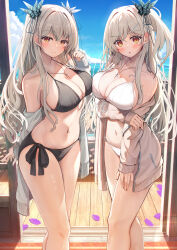 Rule 34 | 2girls, absurdres, arm at side, arm under breasts, balcony, bikini, black bow, blue sky, blush, bow, breasts, brown eyes, cleavage, closed mouth, cloud, collarbone, commentary request, day, grey hair, grey jacket, hair between eyes, hair ornament, hair ribbon, highres, hiragi ringo, horizon, jacket, jewelry, large breasts, looking at viewer, multiple girls, navel, necklace, ocean, off shoulder, open mouth, original, petals, ribbon, sky, smile, standing, swimsuit, two side up, white bikini, wooden floor