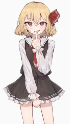 Rule 34 | 1girl, black skirt, black vest, blonde hair, blush, collared shirt, fang, frilled skirt, frills, hair ribbon, highres, long sleeves, looking at viewer, necktie, open mouth, red eyes, red necktie, red ribbon, ribbon, rumia, shirt, shone, short hair, simple background, skirt, smile, solo, touhou, vest, white background, white shirt