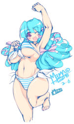Rule 34 | 1girl, arm up, armpits, barefoot, bikini, blue hair, breasts, character name, curvy, feet, huge breasts, long hair, mel/a, melmaid, navel, one eye closed, open mouth, original, plump, red eyes, sidelocks, smile, solo, striped bikini, striped clothes, swimsuit, underboob, wink