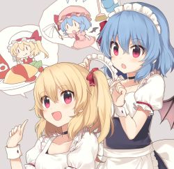 Rule 34 | &gt;:o, 2girls, :d, :o, :q, alternate costume, apron, armband, ascot, bat wings, blonde hair, blue dress, blue hair, blush, bow, broom, bucket, chibi, collarbone, commentary request, detached wings, dress, duster, enmaided, flandre scarlet, flying sweatdrops, food, grey background, hair between eyes, hair bow, hat, hat bow, hat ribbon, index finger raised, ketchup, looking at another, looking at viewer, maid, maid headdress, mini person, minigirl, mob cap, multiple girls, neck ribbon, no headwear, omelet, omurice, open mouth, pink dress, plate, puffy short sleeves, puffy sleeves, red dress, remilia scarlet, ribbon, short hair, short sleeves, side ponytail, simple background, smile, speech bubble, spoken character, tomato, tongue, tongue out, touhou, v-shaped eyebrows, waist apron, wings, wrist cuffs, yada (xxxadaman), | |