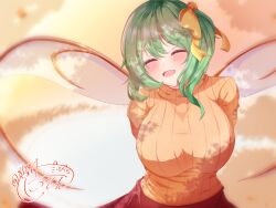 Rule 34 | &gt; &lt;, :3, :d, > <, ^ ^, alternate costume, arms behind back, blush, bow, breasts, closed eyes, commentary request, daiyousei, dated, fairy wings, green hair, hair between eyes, hair bow, highres, large breasts, looking at viewer, nisson (nisiyuu), open mouth, orange sweater, red skirt, ribbed sweater, side ponytail, sidelocks, signature, skirt, smile, sunset, sweater, touhou, upper body, wings, x3, yellow bow