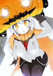Rule 34 | 10s, 1girl, abyssal ship, alternate headwear, bad id, bad pixiv id, bodysuit, breasts, cape, covered navel, gloves, halloween, jack-o&#039;-lantern, kantai collection, kashiwagi nagomu, large breasts, long hair, looking at viewer, open mouth, orange eyes, pale skin, solo, white hair, wo-class aircraft carrier, zipper