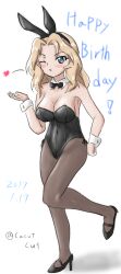 Rule 34 | 1girl, blonde hair, blowing kiss, blue eyes, blush, bow, bowtie, breasts, cleavage, cube (huidama), detached collar, full body, girls und panzer, happy birthday, heart, high heels, kay (girls und panzer), large breasts, leotard, long hair, looking at viewer, one eye closed, pantyhose, playboy bunny, rabbit ears, solo, wrist cuffs