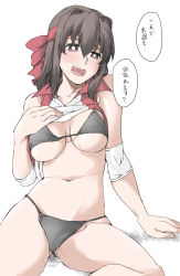 Rule 34 | 1girl, black bra, black panties, blush, bra, breasts, brown eyes, brown hair, cleavage, clothes lift, elf (stroll in the woods), girls und panzer, groin, headband, highres, kondou taeko, large breasts, lifted by self, navel, open mouth, panties, saliva, shirt lift, short hair, simple background, sitting, solo, speech bubble, sportswear, teeth, translation request, underwear, upper teeth only, volleyball uniform, white background