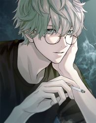 Rule 34 | 1boy, black shirt, cigarette, glasses, grey background, grey eyes, hair between eyes, hand on own cheek, hand on own face, hand up, highres, holding, holding cigarette, looking at viewer, male focus, original, shiraho (m shiraho), shirt, short hair, smoking, solo, tobacco