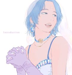 Rule 34 | androgynous, blue eyes, blue hair, blue theme, choker, earrings, eyeshadow, fake nails, fingernails, gem, gender request, gloves, happy, highres, jewelry, lips, looking away, looking to the side, makeup, mohato official, necklace, open mouth, original, own hands clasped, own hands together, scar, scar on face, short hair, smile, solo, spaghetti strap, veil, white background