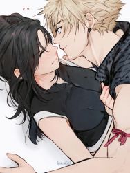 Rule 34 | 1boy, 1girl, arm ribbon, artist name, bare shoulders, black hair, blonde hair, blue eyes, blush, boy on top, closed mouth, cloud strife, couple, earrings, embarrassed, closed eyes, final fantasy, final fantasy vii, final fantasy vii advent children, highres, jewelry, long hair, looking at another, maiii (smaii i), ribbon, shirt, sleeveless, spiked hair, tifa lockhart, twitter username