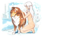 Rule 34 | 1girl, ass, bad id, bad pixiv id, bathroom, beamed quavers, breasts, caracol, dog, hair down, kneeling, long hair, musical note, nude, original, quaver, shower head, sketch, smile, washing, water, wet, white hair