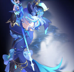 Rule 34 | 1girl, blue eyes, blue hair, blue hat, blue jacket, commentary, furina (genshin impact), genshin impact, gloves, hat, highres, holding, holding sword, holding weapon, jacket, long sleeves, looking at viewer, short hair, smile, solo, splendor of tranquil waters (genshin impact), suanjiaogao, sword, top hat, upper body, water, weapon, white gloves