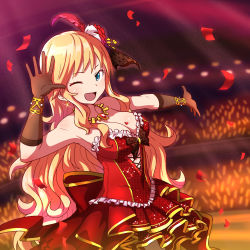 Rule 34 | 10s, 1girl, ;d, bare shoulders, black gloves, blonde hair, blue eyes, blush, breasts, cleavage, confetti, corset, dress, dutch angle, frills, gloves, hand up, heart, idolmaster, idolmaster cinderella girls, large breasts, long hair, looking at viewer, ohtsuki yui, one eye closed, open mouth, red dress, smile, solo, stage, zaxwu