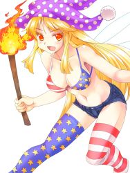 Rule 34 | 1girl, american flag bikini, american flag legwear, american flag print, bad id, bad pixiv id, bare arms, bare shoulders, bikini, blonde hair, breasts, cleavage, clownpiece, collarbone, fairy wings, female focus, flag print, hat, jester cap, large breasts, long hair, mono (moiky), navel, open mouth, print bikini, red eyes, short shorts, short sleeves, shorts, smile, solo, striped clothes, striped thighhighs, swimsuit, thighhighs, torch, touhou, very long hair, wings