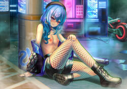 Rule 34 | 1girl, absurdres, alternate costume, arm support, averting eyes, beret, black footwear, black hat, black jacket, black nails, black shorts, blue eyes, blue hair, blue jacket, blush, boots, breasts, breath, crossed bangs, cyberpunk (series), earrings, fishnet pantyhose, fishnets, full body, hair between eyes, hand on own knee, hat, head tilt, highres, hololive, hoshimachi suisei, jacket, jagoo, jewelry, knee up, large areolae, legs, long hair, looking at viewer, motor vehicle, motorcycle, multicolored clothes, multicolored jacket, nail polish, neon lights, nipples, no bra, no shirt, off shoulder, on ground, open mouth, outdoors, pantyhose, pantyhose under shorts, puffy nipples, ring, see-through, see-through shirt, shadow, shorts, sitting, small breasts, solo, thighs, two-tone jacket, variant set, vending machine, virtual youtuber