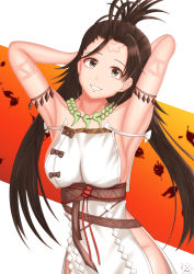 Rule 34 | 1girl, absurdres, armpits, arms behind head, body markings, breasts, brown eyes, brown hair, commentary request, dress, facial mark, fate/grand order, fate (series), forehead mark, head tilt, highres, himiko (fate), himiko (first ascension) (fate), huge filesize, jewelry, large breasts, long hair, looking at viewer, low twintails, magatama, magatama necklace, match earhart, necklace, no panties, side slit, sideboob, sleeveless, sleeveless dress, smile, solo, twintails
