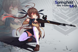 Rule 34 | battle rifle, brown hair, character name, girls&#039; frontline, gun, hair ribbon, hand on own shoulder, highres, jacket, loafers, m14, m14 (girls&#039; frontline), migime no yuugure, multicolored hair, orange eyes, panties, pantyshot, pleated skirt, ribbon, rifle, scope, shoes, skirt, squatting, thighhighs, twintails, underwear, weapon, white legwear, white panties, wind, wind lift, zoom layer