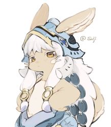 Rule 34 | 1other, androgynous, ears through headwear, fake horns, furry, hands on own hips, helmet, highres, horizontal pupils, horned helmet, horns, lovelivexax, made in abyss, nanachi (made in abyss), other focus, puffy pants, simple background, solo, twitter username, whiskers, white background, white hair, yellow eyes