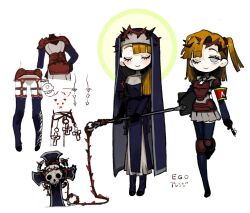 Rule 34 | 1girl, armor, e.g.o (project moon), employee (project moon), garter straps, grey eyes, habit, holding, holding weapon, lobotomy corporation, long sleeves, looking at viewer, maipll two, multiple girls, nun, one eye closed, one side up, one sin and hundreds of good deeds, orange hair, plate armor, project moon, purple thighhighs, simple background, thighhighs, weapon, white background