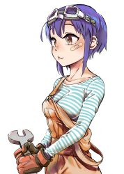 Rule 34 | 1girl, absurdres, bandaid, bandaid on face, breasts, collarbone, ear piercing, earrings, gloves, goggles, goggles on head, highres, jewelry, medium breasts, nakahara kaihei, original, overalls, piercing, pouty lips, purple hair, shirt, short hair with long locks, solo, striped clothes, striped shirt, upper body, wrench
