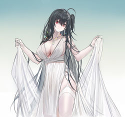 Rule 34 | 1girl, ahoge, arm strap, azur lane, bare shoulders, black hair, bracelet, breasts, cleavage, closed mouth, collarbone, commentary request, dress, echj, flower, garter straps, hair between eyes, hair flower, hair ornament, hands up, highres, holding, jewelry, large breasts, long hair, looking at viewer, messy hair, necklace, official alternate costume, see-through, side ponytail, sidelocks, simple background, sleeveless, smile, solo, split mouth, standing, taihou (azur lane), taihou (temptation on the sea breeze) (azur lane), thighhighs, thighs, white dress, white thighhighs