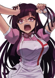 Rule 34 | 1girl, angry, apron, bandaged arm, bandages, breasts, collared shirt, danganronpa (series), danganronpa 2: goodbye despair, furious, hand in own hair, highres, holding, holding hair, large breasts, long hair, nurse, open mouth, puffy short sleeves, puffy sleeves, purple eyes, purple hair, shirt, short sleeves, simple background, solo, tsumiki mikan, tsunemi aosa, white apron, white background