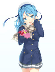 Rule 34 | 10s, 1girl, :d, aito (indigorabbit), alternate costume, beret, blue eyes, blue hair, blush, bow, box, breath, buttons, coat, cowboy shot, double bun, hair bun, hand up, hat, heart-shaped box, highres, holding, holding box, incoming gift, kantai collection, long hair, long sleeves, looking at viewer, open mouth, pleated skirt, pocket, red bow, sailor hat, scarf, simple background, skirt, smile, solo, standing, tucking hair, urakaze (kancolle), valentine, white background, white hat