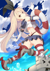 Rule 34 | &gt; &lt;, 10s, 1girl, absurdres, ass, bare shoulders, black panties, blonde hair, blush, brown eyes, closed eyes, cloud, crop top, crop top overhang, day, elbow gloves, from behind, gloves, hair ribbon, highleg, highleg panties, highres, innertube, kantai collection, kujou ichiso, long hair, looking at viewer, looking back, midriff, miniskirt, panties, pantyshot, personification, rensouhou-chan, ribbon, sailor collar, shimakaze (kancolle), skirt, sky, smile, solo, striped clothes, striped thighhighs, swim ring, thighhighs, thong, underwear, upskirt, v, water, whale tail (clothing), white gloves