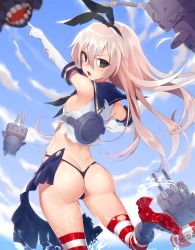 Rule 34 | 1girl, ass, bad id, bad pixiv id, black panties, blonde hair, blue sky, blush, cloud, cloudy sky, commentary, crop top, day, elbow gloves, gloves, grey eyes, hair between eyes, hairband, highleg, highleg panties, highres, horizontal-striped legwear, kantai collection, lifebuoy, long hair, looking at viewer, machinery, microskirt, miniskirt, ocean, open clothes, open mouth, open skirt, outdoors, panties, pleated skirt, rensouhou-chan, runastark, sailor collar, shimakaze (kancolle), skirt, sky, solo, striped clothes, striped thighhighs, swim ring, thighhighs, thong, torn clothes, torn thighhighs, turret, underwear, walking, walking on liquid, wardrobe malfunction, water, white gloves