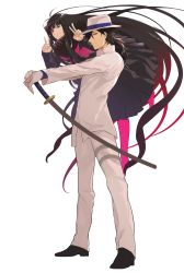 Rule 34 | 1boy, 1girl, absurdly long hair, black hair, double v, fate/grand order, fate (series), floating, full body, gloves, hat, highres, jacket, long hair, long sleeves, ororooops, oryou (fate), pink legwear, ponytail, sakamoto ryouma (fate), scarf, sheath, sheathed, simple background, smile, v, very long hair, white background, white hat
