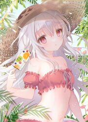 Rule 34 | 1girl, bare shoulders, bikini, breasts, brown hat, cleavage, commentary, day, detached sleeves, food, frilled bikini, frills, grey hair, hair between eyes, hat, holding, holding food, ice cream, long hair, original, outdoors, parted lips, plant, puffy short sleeves, puffy sleeves, red bikini, red eyes, red sleeves, shirogane hina, short sleeves, small breasts, solo, strapless, strapless bikini, straw hat, swimsuit, symbol-only commentary, very long hair