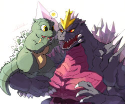 age_difference alien claws colored_sclera crest crystal dinosaur ears giant giant_monster godzilla_(series) godzilla_vs._spacegodzilla horns kaiju lifting_person little_godzilla monster no_humans open_mouth pointy_ears red_eyes sharp_teeth shoulder_spikes simple_background size_difference smile smiley_face space_monster spacegodzilla speech_bubble spikes tail teeth toho tongue tsk03 tusks uncle_and_nephew white_background yellow_eyes yellow_sclera