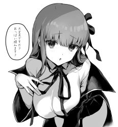 Rule 34 | 1girl, bb (fate), blush, breasts, coat, daijoubu? oppai momu?, fate/extra, fate/extra ccc, fate (series), gloves, greyscale, hair ribbon, high-waist skirt, large breasts, leaning forward, leotard, long hair, long sleeves, looking at viewer, monochrome, neck ribbon, off shoulder, open clothes, open coat, popped collar, ribbon, skirt, solo, speech bubble, translated, very long hair, vivi (eve no hakoniwa), wide sleeves