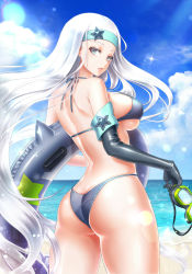 Rule 34 | 1girl, ass, bare shoulders, beach, bikini, blue bikini, blue eyes, blue sky, breasts, butt crack, cloud, cloudy sky, commentary request, curvy, day, destiny child, diving mask, elbow gloves, from behind, gloves, goggles, headband, highres, holding, innertube, kurowana, lisa (destiny child), long hair, looking at viewer, looking back, medium breasts, ocean, outdoors, parted lips, shiny clothes, shiny skin, single elbow glove, single glove, sky, solo, sunlight, swim ring, swimsuit, thighs, very long hair, water, white hair