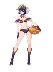 Rule 34 | 1girl, bare shoulders, belt, bikini, black bikini, black footwear, black gloves, black hair, black hat, boots, bow, bowtie, breasts, candy, choker, cleavage, contrapposto, food, full body, gloves, halloween, halloween bucket, halterneck, hand on own thigh, hat, highres, holding, king&#039;s raid, looking at viewer, medium breasts, multicolored hair, navel, off shoulder, official art, pirate hat, red eyes, revealing clothes, short hair, smile, solo, standing, stomach, streaked hair, swimsuit, thighs, xerah (king&#039;s raid)