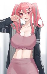 Rule 34 | 1girl, azur lane, breasts, bremerton (azur lane), casual, cleavage, collarbone, gradient background, grey jacket, highres, impossible clothes, jacket, large breasts, long hair, looking at viewer, mole, mole on breast, mole under eye, multicolored hair, nail polish, pants, pink eyes, pink hair, pink nails, pink pants, pink tank top, raitho, sidelocks, solo, sports bra, streaked hair, tank top, twintails