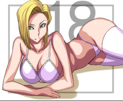 Rule 34 | 1girl, android 18, bare arms, bare shoulders, blonde hair, blue eyes, bob cut, bra, breasts, character name, cleavage, closed mouth, collarbone, dragon ball, groin, ichijiku, large breasts, legs, lingerie, looking at viewer, lying, on side, panties, purple bra, purple panties, purple thighhighs, short hair, simple background, smile, solo, thighhighs, thighs, underwear, underwear only