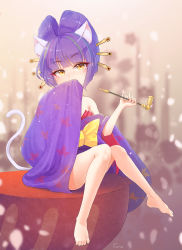 Rule 34 | 10s, 1girl, animal ears, bare legs, barefoot, cat ears, cat girl, cat tail, covered mouth, darudayu (show by rock!!), feet, female focus, full body, hair ornament, hairpin, highres, japanese clothes, jewelry, kimono, legs, long hair, smoking pipe, plant, purple hair, runamochi, short kimono, show by rock!!, sitting, solo, tail, wide sleeves, yellow eyes