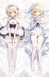 1girl alternate_costume apron bare_shoulders black_bow blonde_hair bouquet bow bow_legwear breasts bridal_gauntlets bridal_veil cleavage closed_mouth dakimakura_(medium) dress enmaided flower full_body genshin_impact highres holding holding_bouquet looking_at_viewer lumine_(genshin_impact) lying maid maid_apron multiple_views on_back one_eye_closed parted_lips short_hair_with_long_locks thighhighs veil wedding_dress white_apron white_bridal_gauntlets white_dress white_thighhighs white_veil white_wrist_cuffs wrist_cuffs yellow_eyes yutian_alice zettai_ryouiki