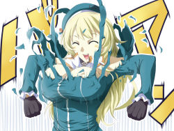 Rule 34 | 10s, 1girl, atago (kancolle), blonde hair, breasts, exploding clothes, closed eyes, gloves, hat, kantai collection, large breasts, long hair, natsumi chorisuke, open mouth, solo, torn clothes