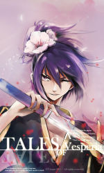 Rule 34 | 00s, 1boy, alternate hairstyle, bad id, bad pixiv id, blood, copyright name, english text, engrish text, flower, hair flower, hair ornament, male focus, one eye closed, purple eyes, purple hair, ranguage, same (scabin), smile, solo, sword, tales of (series), tales of vesperia, weapon, wink, yuri lowell