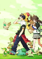 Rule 34 | 1boy, 1girl, ^ ^, absurdres, baseball cap, bike shorts, bike shorts under skirt, black hair, brown hair, bulbasaur, chespin, chikorita, closed eyes, clothed pokemon, cloud, commentary request, creatures (company), day, eevee, falling leaves, from side, game freak, gen 1 pokemon, gen 2 pokemon, gen 3 pokemon, gen 4 pokemon, gen 5 pokemon, gen 6 pokemon, gen 7 pokemon, gen 8 pokemon, gotcha!, gotcha! boy (pokemon), gotcha! girl (pokemon), grass, grey skirt, grookey, hand in pocket, hand up, hat, highres, holding, holding pokemon, jacket, leaf, long hair, multi-tied hair, nemoto yuuma, nintendo, on head, outdoors, pants, pikachu, pleated skirt, pokemon, pokemon (creature), pokemon on head, red footwear, red headwear, rowlet, sandals, shirt, short hair, short sleeves, skirt, sky, snivy, standing, talking on phone, treecko, turtwig, zipper