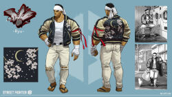 Rule 34 | 1boy, black hair, capcom, cat, character name, character sheet, floral print, hand wraps, jacket, laundromat, letterman jacket, official alternate costume, official art, open clothes, open jacket, pants, ryu (street fighter), sandals, sitting, street fighter, street fighter 6, torn clothes, torn pants, towel, towel on head