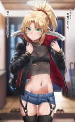 Rule 34 | 1girl, alternate costume, bandeau, black thighhighs, blonde hair, blush, braid, breasts, commentary request, cutoffs, fate/apocrypha, fate (series), female focus, fishnet top, fishnets, french braid, green eyes, hair ornament, hair scrunchie, highres, indoors, long hair, long sleeves, looking at viewer, micro shorts, midriff, mordred (fate), mordred (fate/apocrypha), parted bangs, ponytail, revision, ribs, scrunchie, see-through, see-through shirt, short shorts, shorts, sidelocks, small breasts, solo, stomach, thigh gap, thighhighs, thighs, tonee, torn clothes, translated, underboob, upper body
