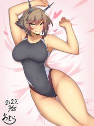 Rule 34 | 1girl, absurdres, alternate costume, black one-piece swimsuit, breasts, brown hair, competition swimsuit, covered navel, hairband, headgear, heart, highleg, highleg swimsuit, highres, kantai collection, large breasts, lying, multicolored clothes, multicolored swimsuit, mutsu (kancolle), on back, one-piece swimsuit, osora (judithandlilith), radio antenna, red one-piece swimsuit, short hair, smile, solo, swimsuit, tongue, tongue out, white one-piece swimsuit, yellow eyes